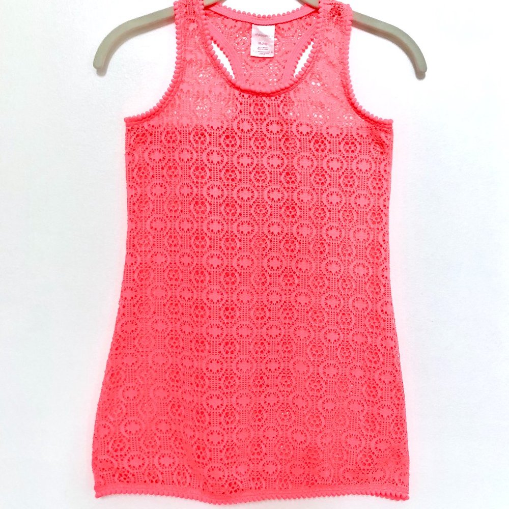 Xhilaration Neon Coral Pink Crochet Tank Cover Up Dress - Medium (7/8)